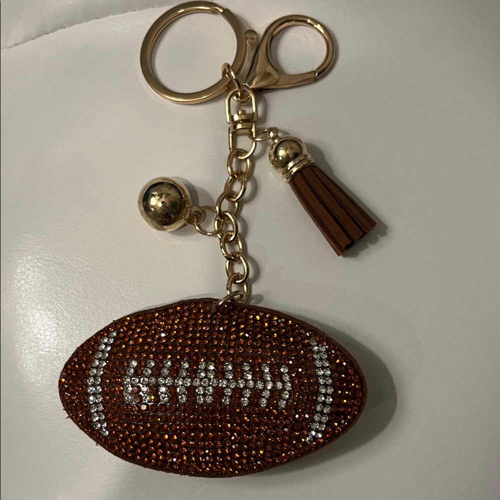Football Bag Charm / Keychain Brown Rhinestone with Gold Accents - Picture 2 of 3